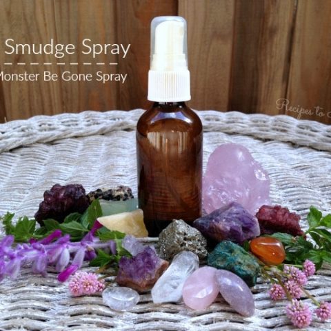 Essential oils spray bottle with crystals.