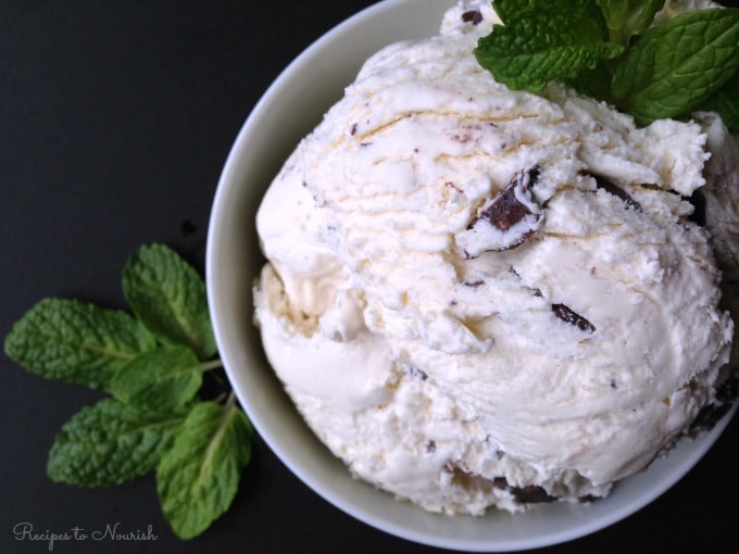 Bowl of ice cream with chocolate chunks in it and fresh mint around it.
