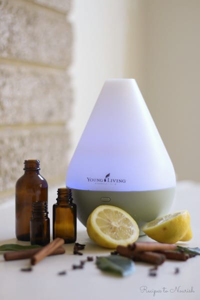 Essential oil diffuser with essential oils, cinnamon sticks, cloves, herbs and fresh lemons.