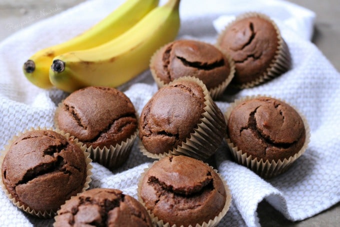 Chocolate muffins and fresh bananas. 