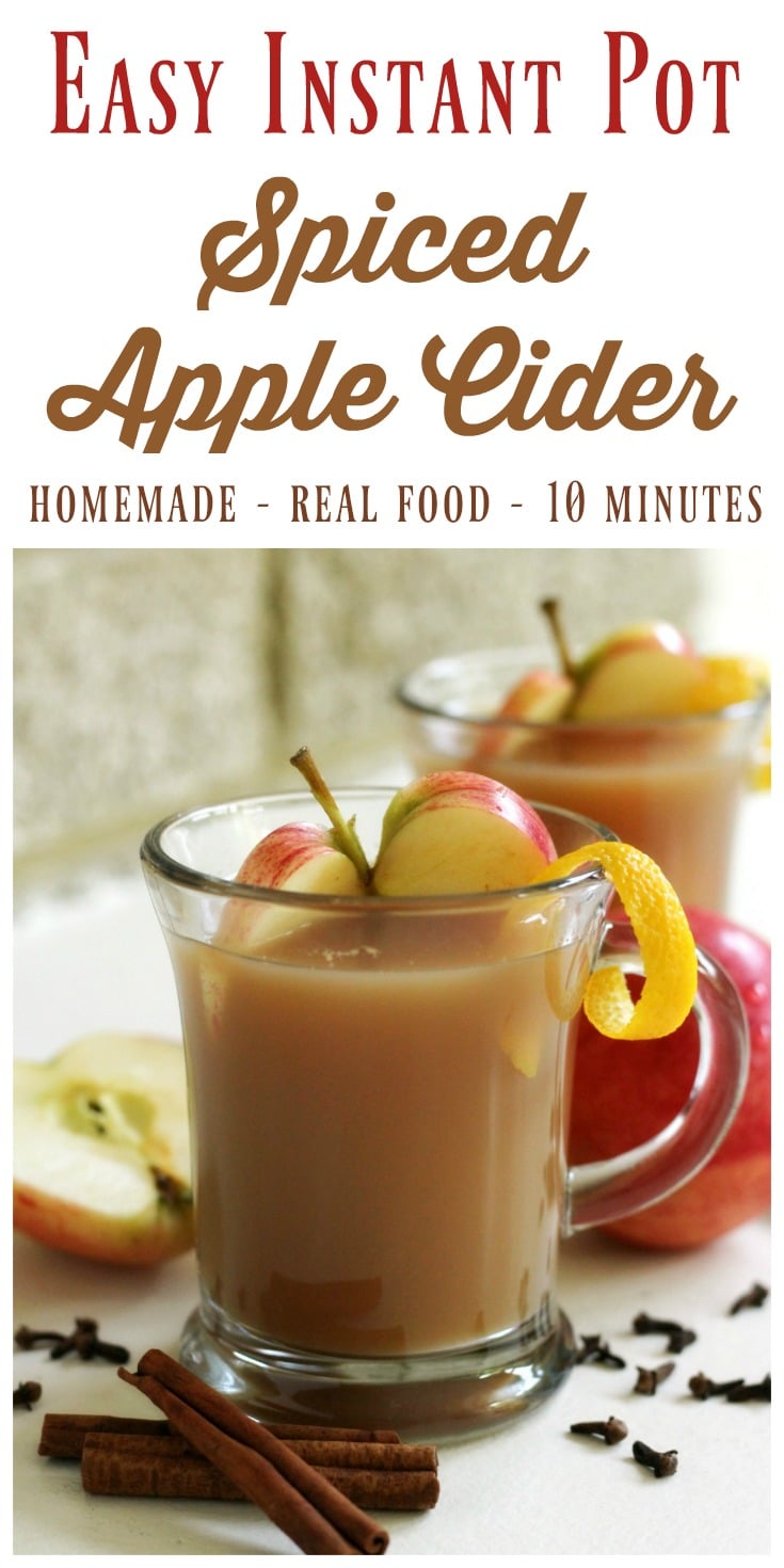 Instant Pot Spiced Apple Cider is so easy to make from scratch! It's delicious, perfectly spiced, maple sweetened and only takes 10 minutes cook time! | Recipes to Nourish // Gluten Free | Paleo | Holiday Drinks | Fall Drinks