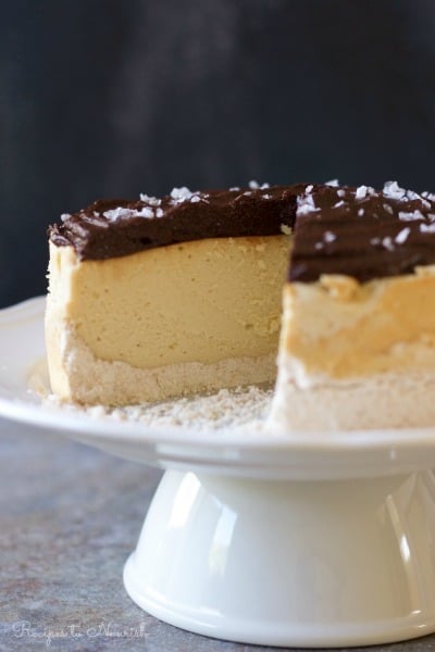 Cheesecake topped with sea salted chocolate ganache.