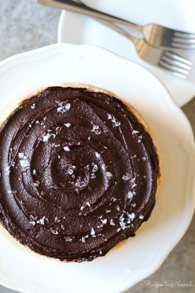 Cheesecake with swirled sea salted chocolate ganache on the top.