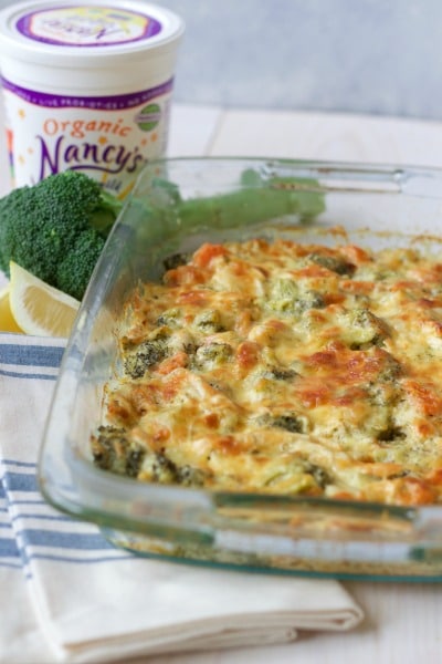 Cheesy chicken broccoli casserole with Nancy's brand organic whole milk yogurt, fresh broccoli and lemon. 