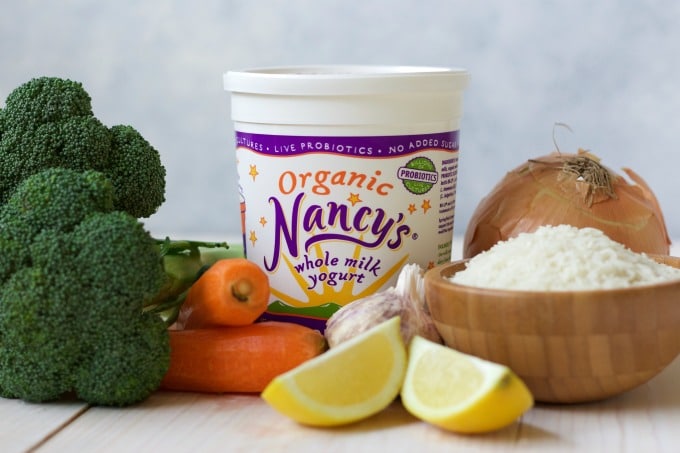 Fresh broccoli, carrots, lemon, garlic, onion, white rice and Nancy's organic whole milk yogurt.