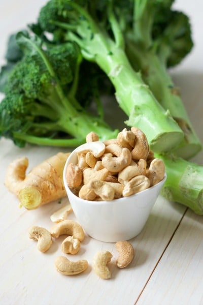 Fresh broccoli, cashews and fresh ginger. 