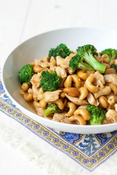 Broccoli cashew chicken in a shallow bowl.