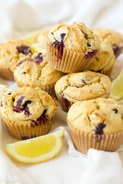 Blueberry muffins and fresh lemon slices. 