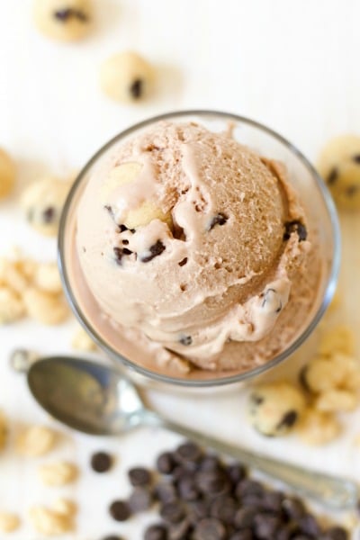 Bowl of chocolate cookie dough ice cream with bites of cookie dough and chocolate chips around it.