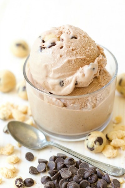 Scoops of chocolate cookie dough ice cream in a bowl with bites of cookie dough and chocolate chips around it.