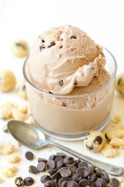 Scoops of chocolate cookie dough ice cream in a bowl with bites of cookie dough and chocolate chips around it.