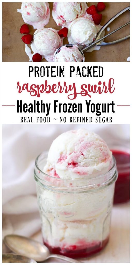 Scoops of raspberry swirl frozen yogurt and a jar full of scoops of raspberry swirl frozen yogurt.