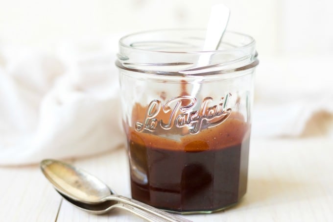 Homemade chocolate fudge sauce in a jar.