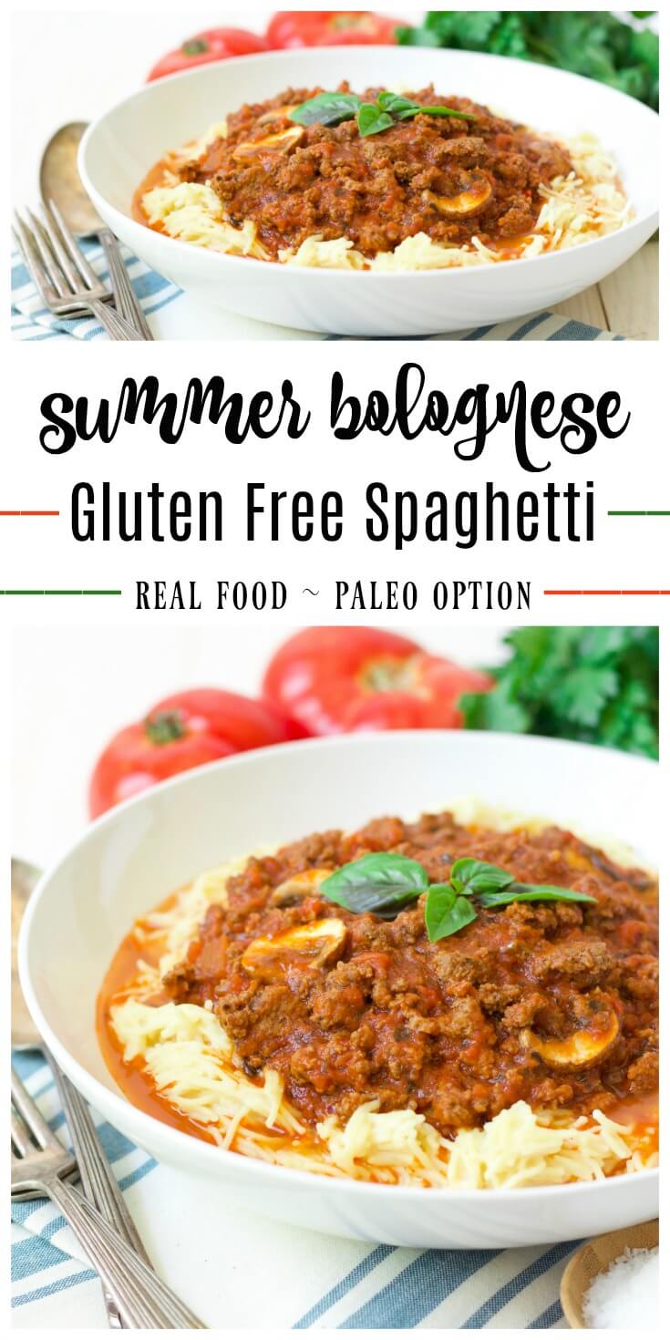 (Ad) Overflowing with seasonal tomatoes, this hearty Summer Bolognese gluten free spaghetti is sure to please. This classic, simple meat-based ragù sauce is brimming with summer produce and is pure comfort food when served over gluten free spaghetti, zoodles or spaghetti squash. | Recipes to Nourish // Gluten Free Recipes | Spaghetti Recipes | Gluten Free Pasta Recipes | Gluten Free Pasta | Summer Recipes | Grass-fed Meat Recipes | Paleo Pasta Recipes