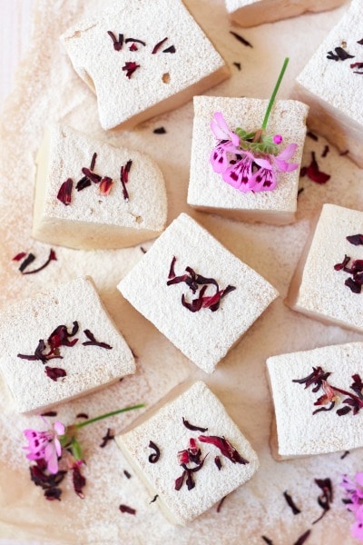 Lots of square cut homemade marshmallows with dried hibiscus blossoms.