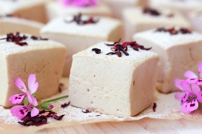 Large square cut homemade marshmallows with dried hibiscus blossoms.