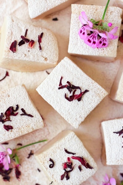 Square cut homemade marshmallows with dried hibiscus blossoms.