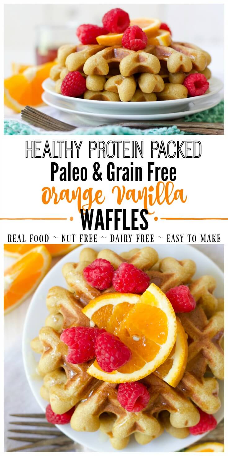 (ad) These healthy Paleo Orange Vanilla Waffles are packed with wholesome, real food ingredients and lots of protein. With hints of sweet orange and vanilla, these delicious waffles are easy to make in the blender and are freezer friendly. | Recipes to Nourish // Paleo Waffles | Gluten Free Waffles | Grain Free Waffles | Healthy Waffles | Gluten Free Recipes | Paleo Recipes | Grain Free Recipes | Healthy Breakfast Recipes