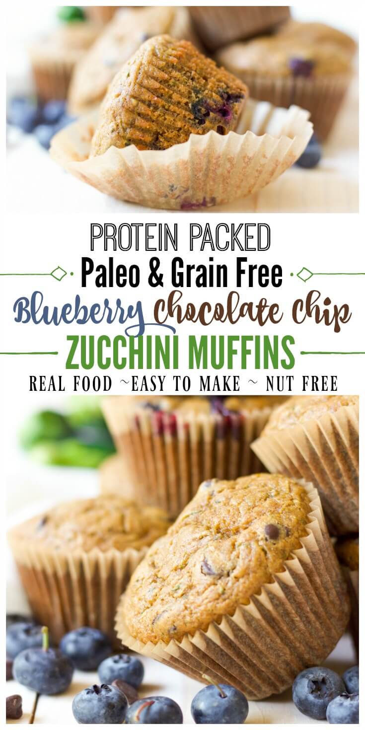These delicious, grain free, Paleo Blueberry Chocolate Chip Zucchini Muffins are protein packed and great for snacking or on the go breakfast. They're brimming with juicy blueberries, gooey chocolate and jam-packed with zucchini. | Recipes to Nourish // Healthy Recipes | Healthy Muffins | Paleo Recipes | Paleo Muffins | Gluten Free Recipes | Gluten Free Muffins
