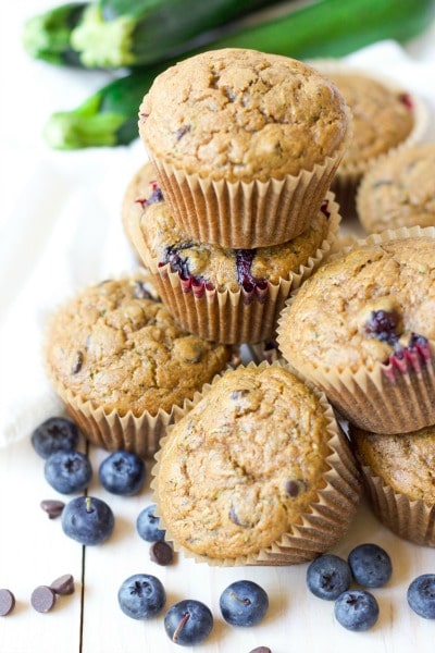 Muffins with blueberries, zucchini and chocolate chips.