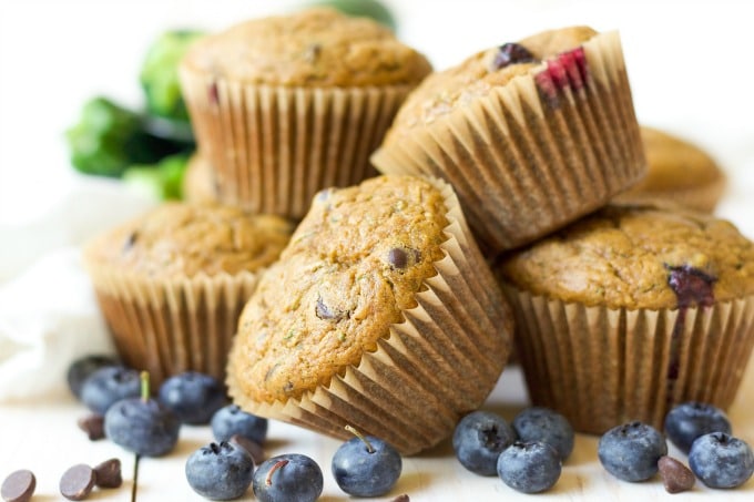 Muffins with fresh blueberries, chocolate chips and zucchini. 