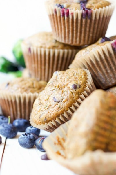 Muffins with chocolate chips, fresh blueberries and zucchini.
