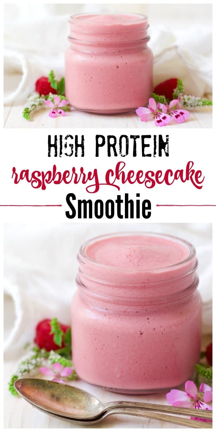 (Ad) Creamy, indulgent, sweet and tangy goodness, this High Protein Raspberry Cheesecake Smoothie makes the perfect breakfast or snack. Pretty and pink and naturally sweetened, this healthy smoothie has 6 simple ingredients and is so refreshing and sure to please. | Recipes to Nourish // Healthy Smoothie Recipes | High Protein Smoothie Recipes | High Protein Snack Recipes | High Protein Drink Recipes | Gluten Free Recipes
