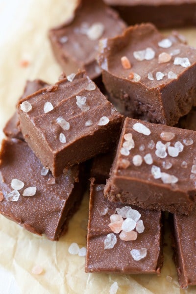 Chocolate Sunflower Freezer Fudge with pink salt on the top cut into slices.