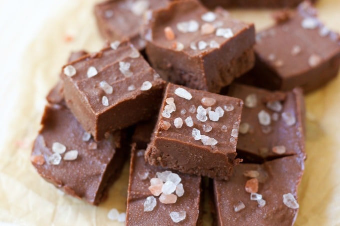 Chocolate Sunflower Freezer Fudge with pink salt on the top cut into slices.