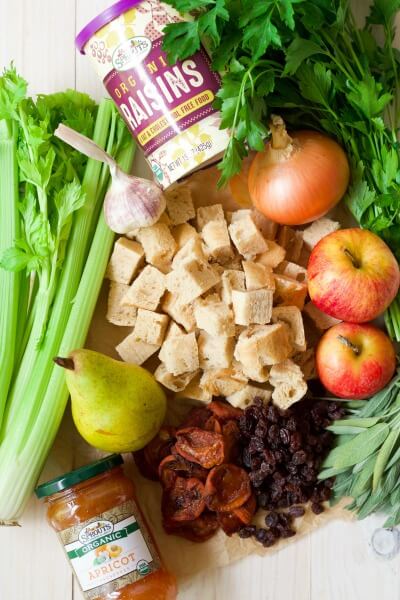 Stuffing ingredients - fresh celery, apples, pears, dried apricots, raisins, garlic, onion, gluten free bread cubes and herbs.