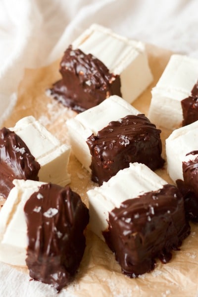 Homemade marshmallows dipped in chocolate. 