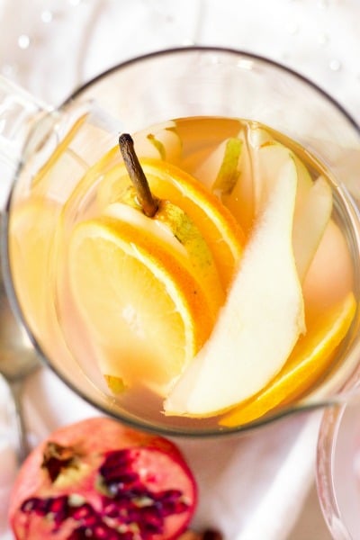 Infused water with oranges, pears and pomegranate.