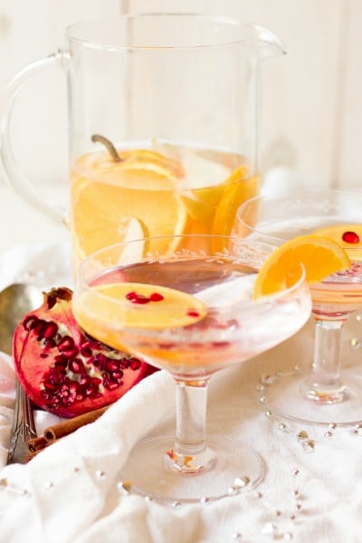 Infused water with oranges, pears and pomegranate. 