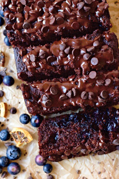 Chocolate banana bread with chocolate chips and blueberries. 