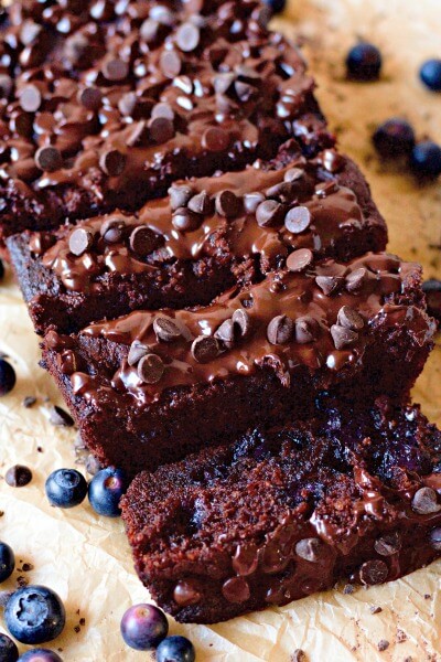 Chocolate banana bread with blueberries. 