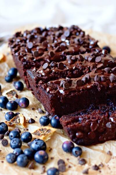 Chocolate banana bread with blueberries. 