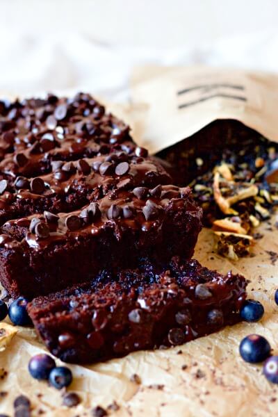 Chocolate banana bread with blueberries and loose leaf tea. 