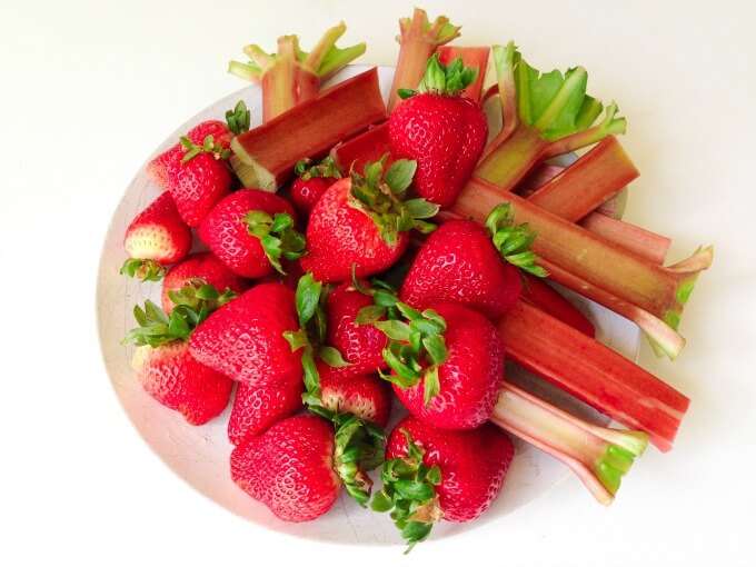 Fresh strawberries and rhubarb.