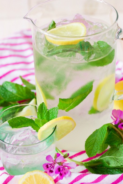 Iced mint lemonade in a pitcher and glass with lemon slices and fresh mint.