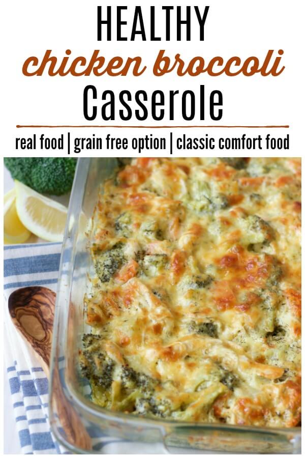 Chicken Broccoli Casserole in a baking pan with fresh lemon slices.