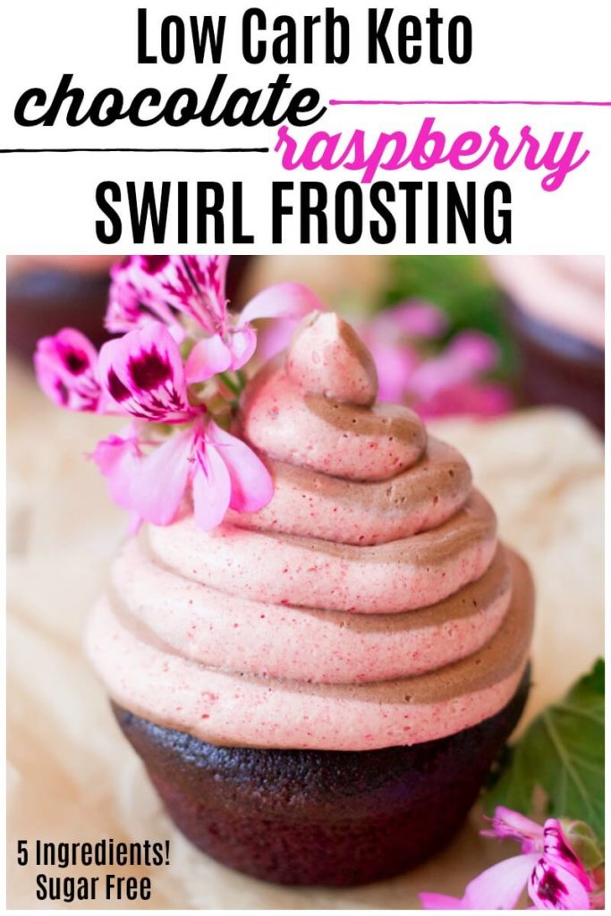 Chocolate raspberry swirl frosting on a chocolate cupcake.