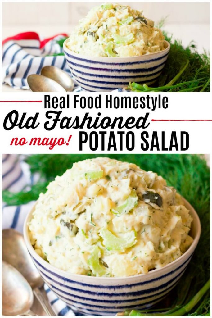 Bowls full of potato salad surrounded by fresh dill.