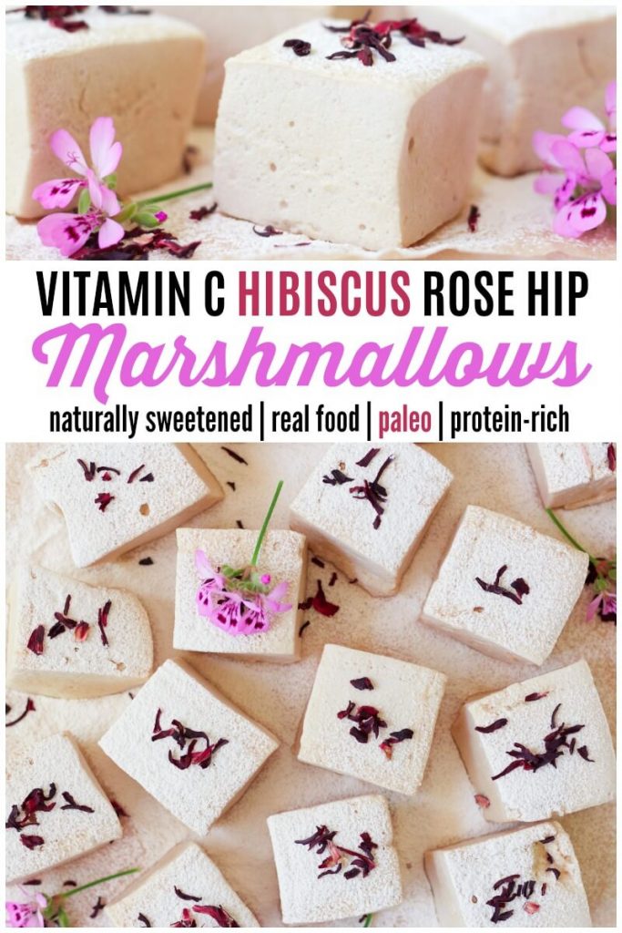 Lots of thick homemade marshmallows with hibiscus blossoms.