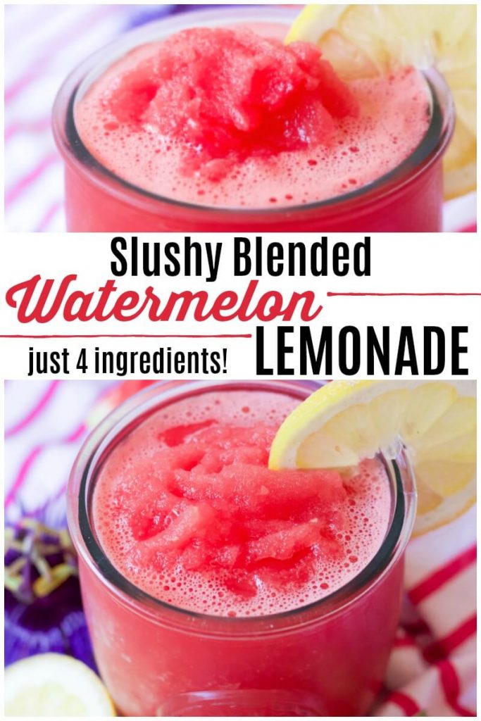 Glasses filled with a pink slushy watermelon lemonade with a fresh lemon slice.