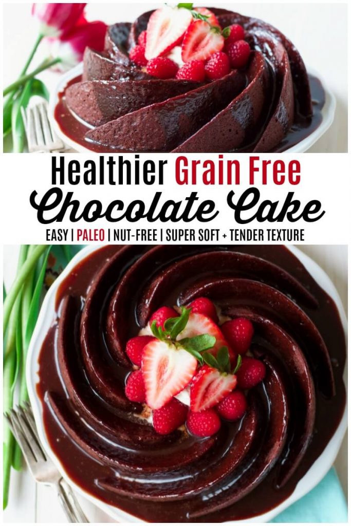 Chocolate cake shaped in a spiral bundt form, topped with chocolate glaze and fresh berries.