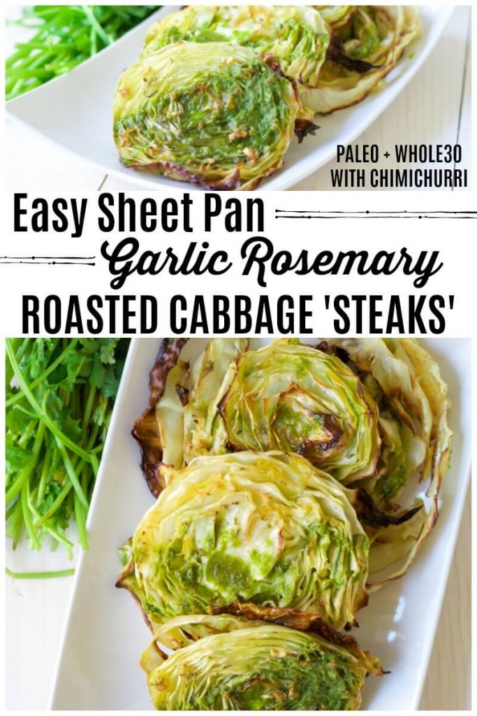 Roasted cabbage steaks with green sauce.