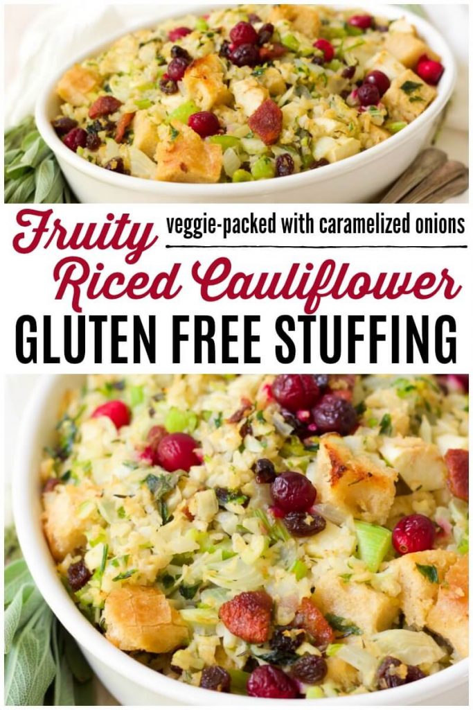 Stuffing with riced cauliflower, fruits, herbs and celery.