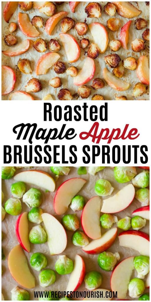 Roasted Brussels sprouts and apples on a baking sheet.