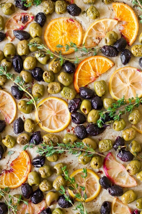 Roasted olives, oranges, lemons and herbs.