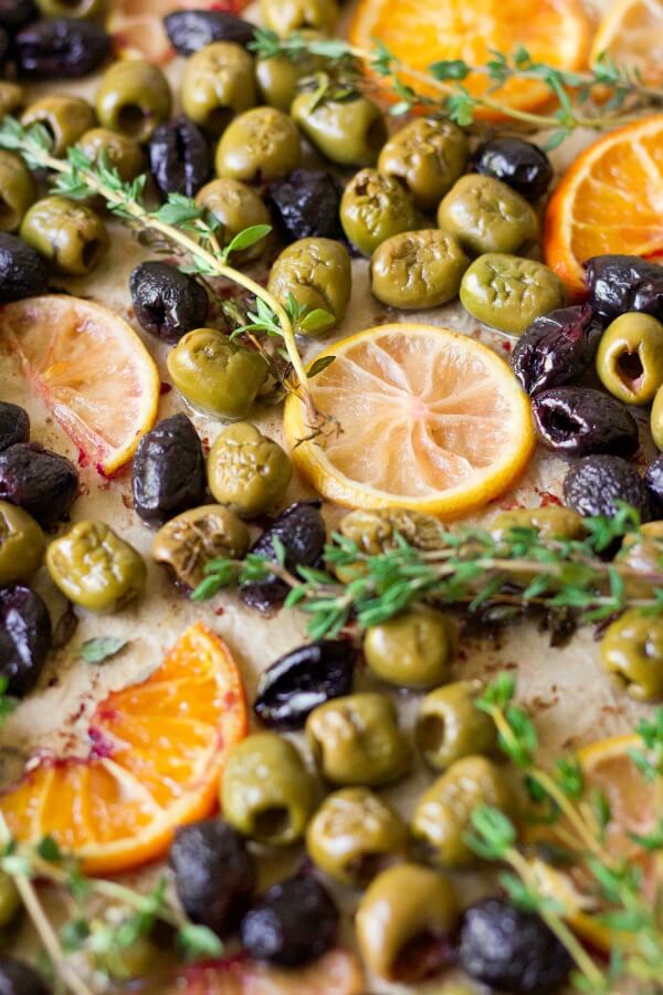 Roasted olives, oranges, lemons and herbs.